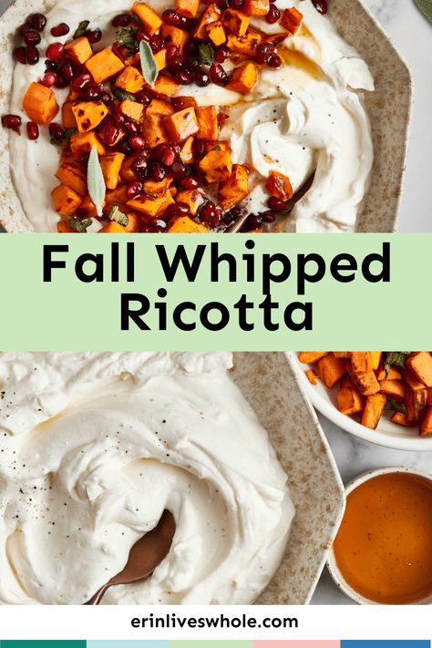 Whip up this sweet and salty Hot Honey Whipped Ricotta Recipe made with sweet potatoes, sage, and pomegranate arils! Serve with crostini, veggies, chips, and more. Pumpkin Whipped Ricotta, Sweet Potato Ricotta Recipes, Potatoes With Ricotta Cheese, Honey Whipped Ricotta, Whipped Ricotta Recipe, Honey Appetizers, Recipe Using Ricotta, Anniversary Food, Ricotta Dip