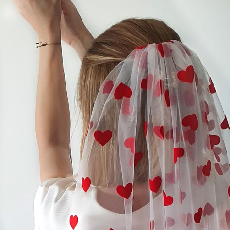 Red Heart Wedding Veil, Short Bridal Veil, Tulle Hair Piece, Unique Bridal Shower or Bachelorette Party Gift Favor, Fingertip Veil, Shoulder Red Vail Bride, Heart Wedding Veil, Colorful Veils Bridal, Wedding Veil Unique, Non Traditional Wedding Veils, Unique Wedding Veils Short, Heart Themed Bachelorette, Cupid Bachelorette Party, Colorful Wedding Veil