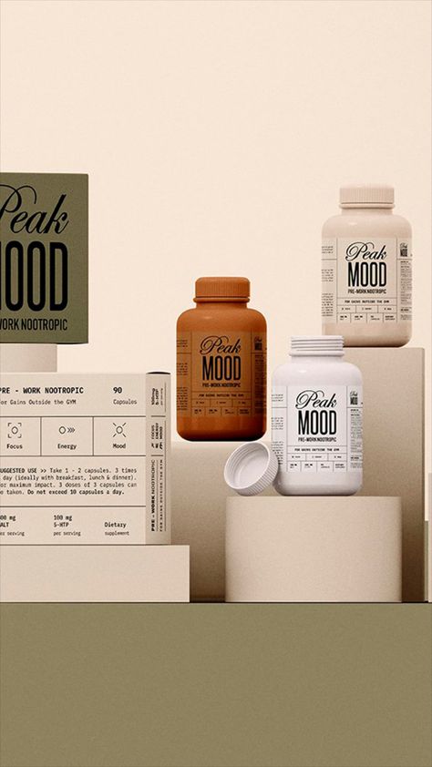 Peak Mood supplement brand and packaging design by Mohammed Badaam- Fivestar Branding Agency Is A Design and Branding Agency. This Work Belongs to The Accredited Artist and Is Curated For Inspiration Only #supplementbranding #supplementpackaging #packagingdesign #packaginginspiration #packagedesign #branding #identity #logodesign #typebasedlogo #typographydesign #typedesign Supplements Advertising Design, Supplements Aesthetic, Supplement Branding, Dietary Supplements Packaging, Medicine Design, Supplement Packaging, Supplement Bottles, Vitamin Brands, Supplements Packaging