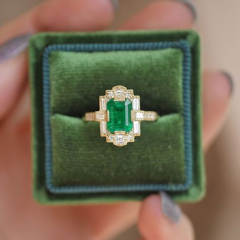 Unique Emerald Cut Emerald Engagement Rings, Emerald Square Ring, Art Deco Emerald Engagement Ring, Vintage Emerald Rings, Green Emerald Wedding Ring, Art Deco Engagement Ring Emerald, Emerald Gemstone Engagement Ring, Berlinger Jewelry, Green Emerald Engagement Ring