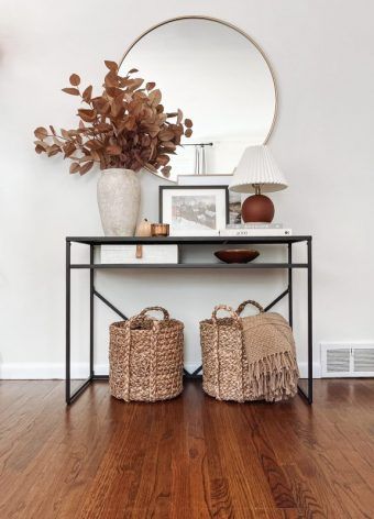 ENTRY Paint Color Alabaster, Console Table Mirror, Entryway Inspo, Fall Entryway Decor, Pleated Lamp, Fall Entryway, Terracotta Vase, Mirrored Console Table, Vase Glass