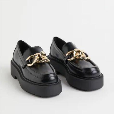 -H&M Chunky Loafer With Chain Detail -Never Worn -Platform With Small Heel Korean Shoes Outfit, Black Loafers Women's, Chunky Loafer, Korean Shoes, Grey Loafers, Buckle Loafers, Chunky Loafers, H&m Shoes, Bit Loafers