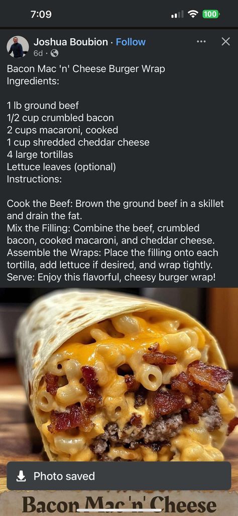 Bacon Mac N Cheese, Burger Wrap, Cheesy Burger, Wrap Ingredients, Mac And Cheese Burger, Bacon Mac And Cheese, Shredded Cheddar Cheese, Cheese Wrap, Cheese Burger