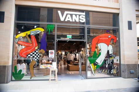 Mural painted and designed for Vans Cambridge store around the theme of longer use of clothing and skateboards. Window Mural, Adobe Fresco, Window Display Design, Vans Store, Van Design, Store Window, Display Design, Shop Display, Painting Tools