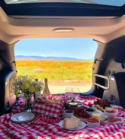 Car Picnic at Antelope Valley Poppy Reserve - Fun Activity - Date Idea - California Super Bloom Pick Up Truck Picnic, Romantic Car Date Night, Car Picnic Ideas, Back Of Car Picnic, Car Date Ideas Romantic, Car Picnic Aesthetic, Car Picnic Date Ideas, Car Picnic Date, Car Date Ideas