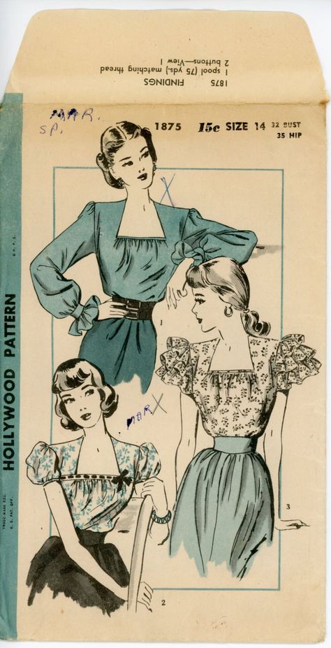 1970s Edwardian Revival, 1946 Fashion, Peasant Blouse Pattern, Vintage Fashion Sketches, Vintage Clothes Patterns, Patron Vintage, Fashion Illustration Vintage, Vintage Dress Patterns, Motif Vintage