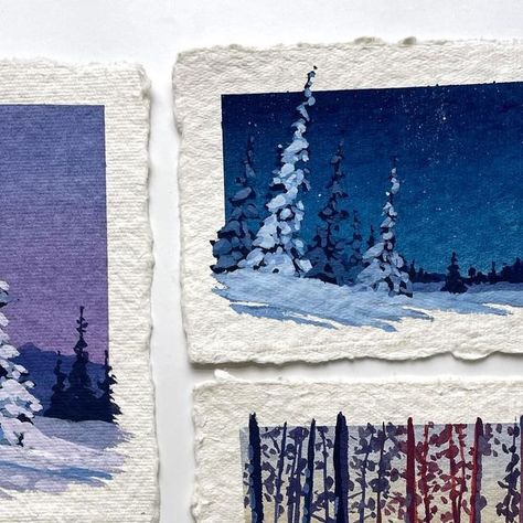 Kelley | Gouache & Acrylic Art on Instagram: "Here’s a look at some of the winter landscape minis that will be available in the shop tomorrow! ❄️✨

They’ll be going live at 12pm EST, and you’ll be able to find them under “original paintings” 

Hopefully those who missed out on the last round will be able to grab one!
.
.
.
.
.
#gouache #landscapeart #ａｅｓｔｈｅｔｉｃ #smallpainting #artistonig" Winter Gouache, Winter Watercolor Paintings, Aquarelle Drawing, Painting References, Winter Watercolor, Painting Inspo, Watercolor Art Lessons, Watercolor Inspiration, Christmas Illustration