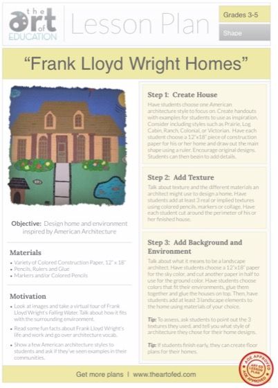 Frank Lloyd Wright Homes: Free Lesson Plan Download Line Art Lesson, Frank Lloyd Wright Homes, Art Education Lessons, Education Art, Free Lesson Plans, Art Curriculum, Elementary Art Projects, Art Lessons Elementary, School Art Projects