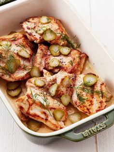 Recipe: Dill Pickle Chicken | Serve dill dishes as your main, paired with corn on the cob and a fresh summer salad, and you won't be disappointed. Or pack it up and eat it cold on your next picnic or beach day. It can be the shining star of a simple chicken sandwich, or just chop it up for a creamy chicken salad or grain bowl. Ready to give Taco Tuesday a fresh spin? Whether you stuff it into tacos, a burrito, quesadillas, or nachos, this punchy chicken fits the bill. Easy Vacation Meals, Dill Pickle Chicken, Pickle Chicken, Protein Dinner Recipes, Vacation Dinner, Dill Recipes, Easy Chicken Thigh Recipes, Vacation Meals, Quick Chicken