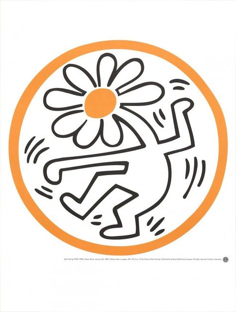 Keith Haring Dancing Flower, Keith Haring Dancing, Keith Haring Heart, Keith Haring Art, Haring Art, Flower Button, Arte Inspo, Art Collage Wall, Keith Haring