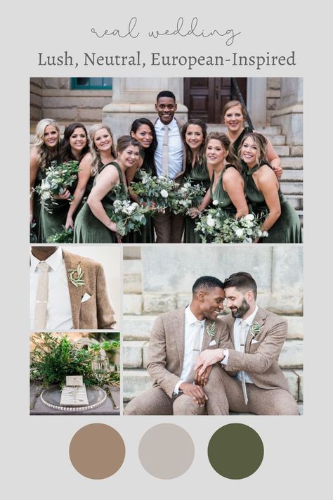 Flanked by groomsmaids in velvet dresses and groomsmen in oatmeal-colored suits, Carnell and Gavin said “I do” at the Historic DeKalb Courthouse. Inspired by a trip they took to Tuscany, the reception was meant to feel like a big family Italian dinner with tables adorned with greenery and touches of silver and white. #realwedding #gaywedding #LGBTQ+Wedding #greenwedding #groomsmaids #groomsmen #DeKalbCourthouse #Georgiawedding Colored Suits, Atlanta Fashion, Groom Shoes, Velvet Dresses, Italian Dinner, Lgbtq Wedding, Georgia Wedding, Gay Wedding, Atlanta Wedding