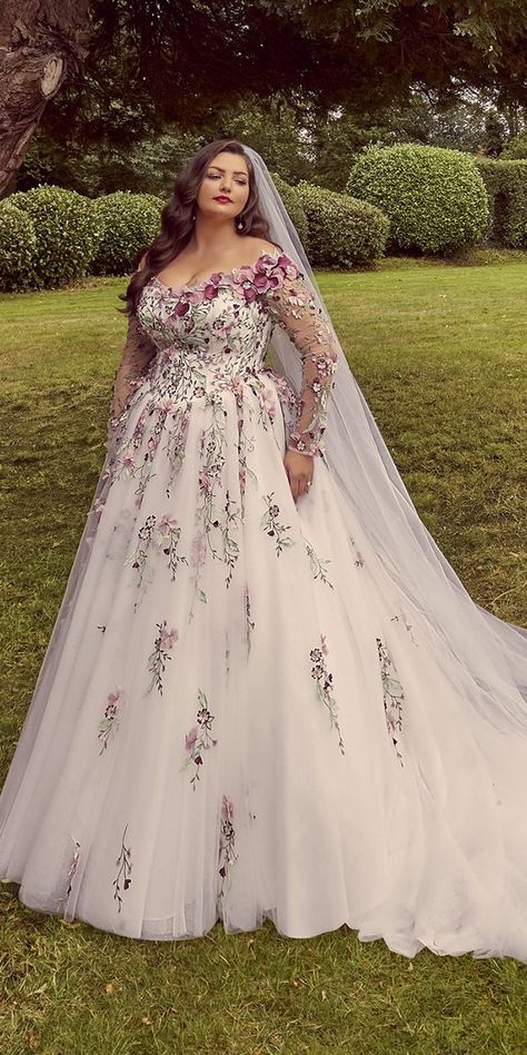 Floral Wedding Dresses For Magic Party ★ #bridalgown #weddingdress Unique Plus Size Wedding Dresses Color, Pink Wedding Dress Long Sleeve, Faerie Wedding Dress, Wedding Dress Curvy, Flower Wedding Dresses, Wedding Dresses For Curvy Brides, Irish Wedding Dresses, Faerie Wedding, Unique Plus Size Wedding Dresses