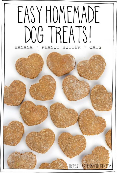 Easy Homemade Dog Treats are made with just 3 ingredients! All it takes is banana, peanut butter, and oats and you can make these cute cookies for your pup, or for a doggy friend of yours. Not only are these easy to make, but they are so much more affordable than store-bought treats and dogs LOVE them! #itdoesnttastelikechicken #dogrecipes Dog Treats Made With Bananas, Banana Oat Dog Treats, Famous Banana Bread Recipe, Easy Homemade Dog Treats, Pup Treats, Soft Dog Treats, Dog Treats Homemade Easy, Easy Dog Treat Recipes, Homemade Things