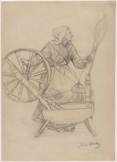 Spinning Wheel Drawing, Wheel Drawing, Jules Breton, Ocean Drawing, Black Crayon, St Louis Art, French Paintings, Master Drawing, Bristol Board