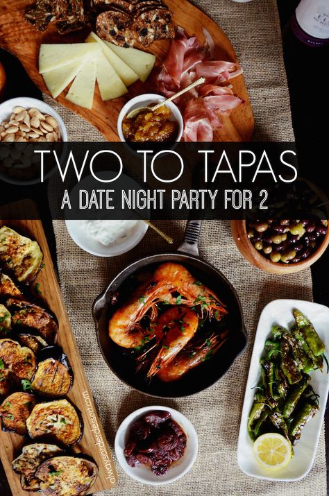 Ideas and recipes for hosting a date night spanish Tapas party at home! Perfect for a romantic evening with your spouse or boyfriend, or make it a party and invite over a few friends. Recipes for grilled eggplant, garlic shrimp, shishito peppers, chorizo in red wine, and more. Spanish Tapas Party, Tapas Dinner, Tapas Party, Food Budget, Budget Cooking, Date Night Dinners, Date Night Recipes, Dinner For 2, Tapas Recipes