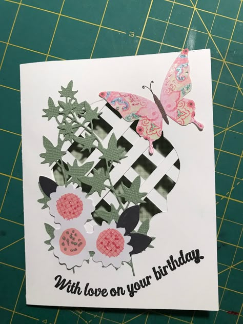 Cards With Trellis, Lattice Card Template, Trellis Card Ideas, Trellis Cards, Split Cards, Fence Cards, Lattice Cards, How To Make Cards, Happy Birthday Cards Diy