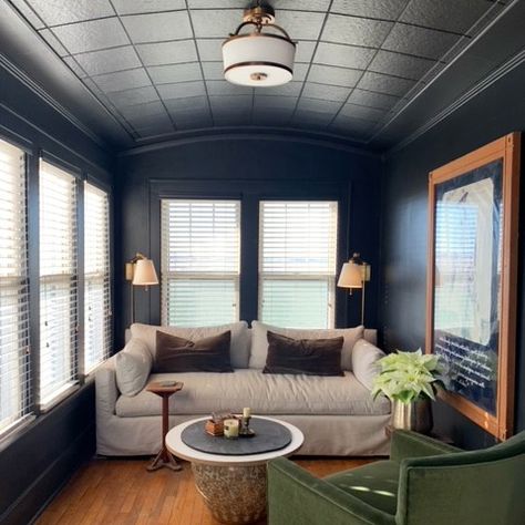 Tv In Sunroom Ideas, Moody Sunroom Ideas, Dark Sunroom, Moody Sunroom, Sunroom Playroom Ideas, Sunroom Office Ideas, Jean Stoffer, Porch Interior, Oak Cliff