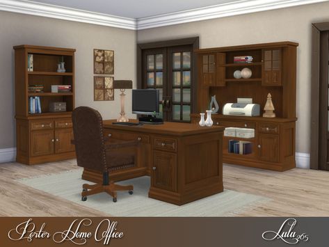 sims 4 cc // custom content decor clutter furniture // the sims resource //    Lulu265's Porter Home Office Large Wooden Desk, Academia House, Wooden Office Chair, Rustic Desk, Sims 4 Cc Furniture, Study Rooms, Cc Sims, Office Set, Kitchen Marble