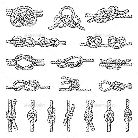 Illustrations of Different Nautical Knots Nautical Knot Tattoo, Boat Knot Tattoo, Sailors Knot Tattoo, Rope Knot Drawing, Rope Tattoo Design, Tattoo Knot, Anchor Knot, Knot Illustration, Marine Knots