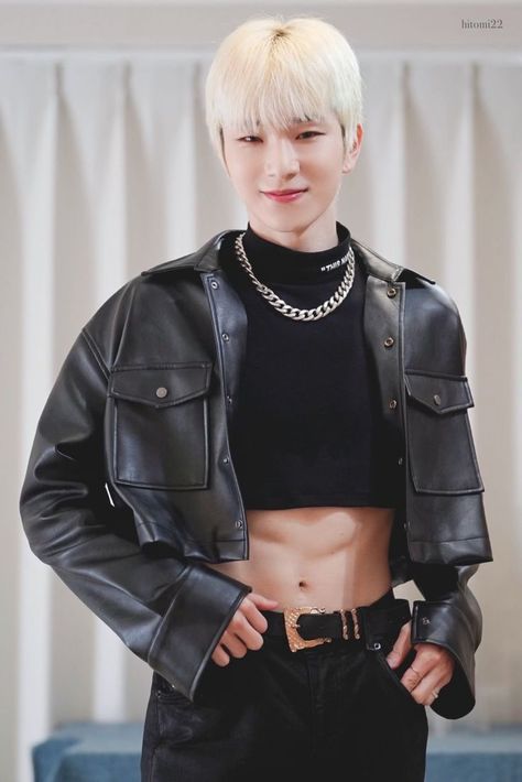 Idol Clothes Male, Cropped Leather Jacket Men, Mens Cropped Leather Jacket, Kpop Crop Top Men, Crop Top Leather Jacket, Male Crop Top Outfits Korean, Men Crop Top Outfit, Male Idols Crop Top, Crop Top Outfits Men