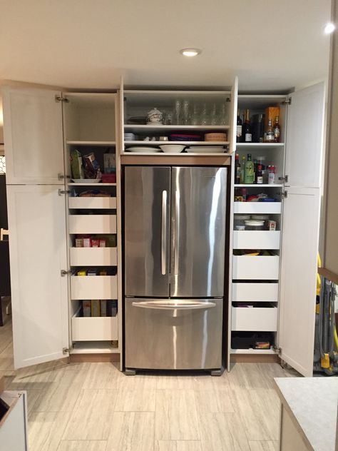 Fridge Next To Cabinets, Ikea Refrigerator Cabinet, Cabinet Encased Fridge, Storage Around Fridge Built Ins, Open Cabinets Above Refrigerator, Storage Around Refrigerator, Fridge Depth Cabinets, Fridge Built Into Cabinets, Around Fridge Cabinets