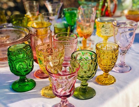 Spring mix of pink, amber and green Goblets | Colored Goblets & Glassware Colored Goblets, Green Goblets, Wedding Goblets, Vintage Goblets, Green Baby Shower, Spring Mix, Spring Shower, Mid Century Christmas, Wedding Glasses