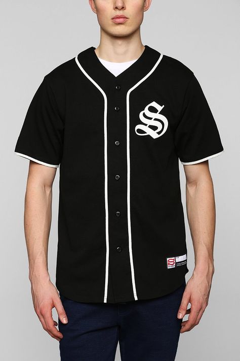 Stussy S Baseball Jersey Tee - Urban Outfitters Baseball T Shirt Outfit, Stussy S, Restaurant Uniform, Baseball Sunglasses, Brands Logo, Coaches Jacket, Baseball Tee Shirts, Shirts Style, Big Men Fashion