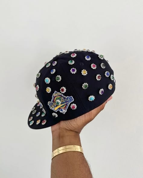 swarovski rhinestone yankee fitted by carlton yaito. Hat With Rhinestones, Cap Women, India Love Outfits Fashion, Yankee Hat, Yankee Fitted, Custom Fitted Hats, Hat Aesthetic, Custom Jeans, Fitted Caps