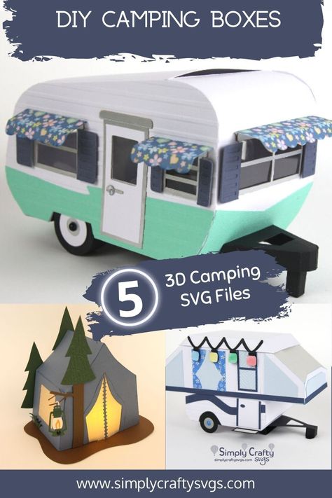 Make a 3D Camper, RV, Caravan Trailer or Tent with one of our 3D Camping SVG files. 3D Camping Papercraft designs. #simplycraftysvgs Cardboard Rv Camper, Cardboard Camper Diy, Camper Crafts, Camping Diy Projects, 3d Svg Files, Caravan Trailer, Vinyle Cricut, Camper Art, Camper Svg