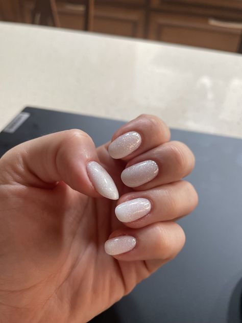 Glittery milky nails Sparkly Milky Nails, Milky White With Sparkles, Milky White Nails Shimmer, Milky Nails Sparkle, Milky White Sparkly Nails Acrylic, Soft White Sparkle Nails, Opaque White Nails With Glitter, White Gliterry Nails Short, Natural White Nails With Glitter