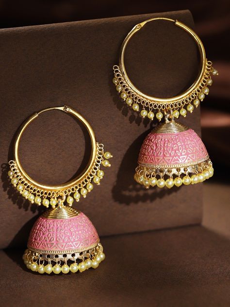 These beautiful pink & gold toned hoop jhumka earrings come with kundan stone studs & beads, are gold-plated, and are secured with a circular twist closure. These handcrafted jhumkas can be paired with any traditional outfit to add a punch of colorful boost, and help you stand out. Product color may vary based on the monitor or screen you are using.See FAQ for more details. Size Length: 7.5 cm Details Material: BrassStones: Kundan & Artificial BeadsPlating: Gold-plated Hoop Jhumka Earrings, Hoop Jhumka, Silver Jhumka Earrings, Indian Wedding Jewelry Sets, Gold Jhumka Earrings, Traditional Outfit, Fancy Jewellery Designs, Traditional Earrings, Indian Wedding Jewelry