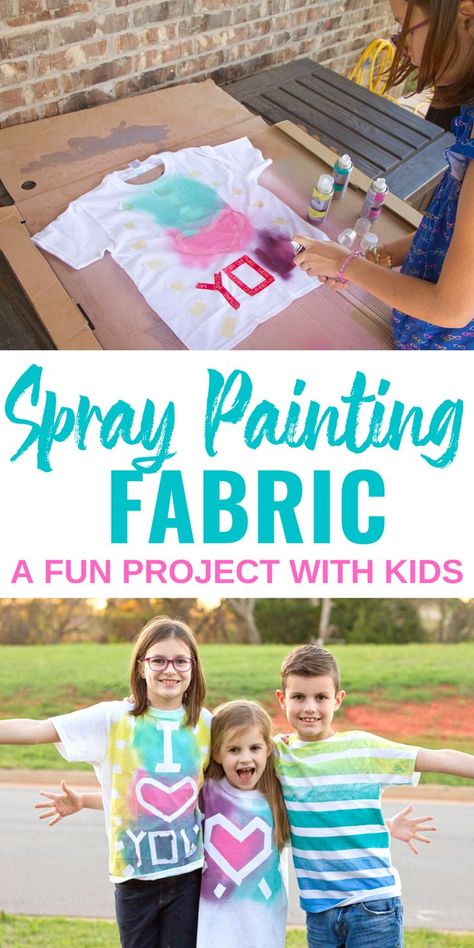 Grab a plain t-shirt and some fabric spray paint because these spray painted fabric shirts are easy to make. A fun craft project for kids of all ages. #spraypaintedshirts #kidscraftproject Spray Painting Fabric, Spray Paint Shirt, Spray Paint Crafts, Fabric Spray Paint, Fabric Paint Shirt, Painting Fabric, Paint Shirts, Puff Paint, Diy Sprays