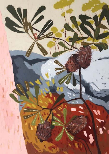 pinkpagodastudio: Australian Artist -- Nicola Woodcock Contemporary Still Life Painting, Eclectic Inspiration, Australian Nature, Flower Paint, Gum Trees, Ink Flowers, Garden Mural, Australian Flowers, Australian Plants