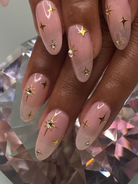 Nails With Stars And Gems, Nails With Moons And Stars, Light Pink And Sparkle Nails, Midnights Era Nails, Abstract Nails Almond, Glinda The Good Witch Nails, Almond Nails Stars And Moon, Magenta And Gold Nails, Almond Nails Star Design