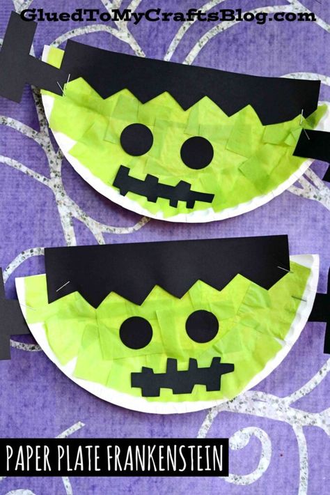 Halloween Paper Plate Crafts, Frankenstein Craft, Halloween Riddles, Idea For Halloween, Halloween Crafts Preschool, Halloween Crafts For Toddlers, K Crafts, October Crafts, Fall Arts And Crafts