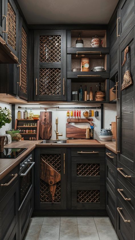 15 Kitchen Ideas for Small Spaces with Dark Wood Accents – Balanced Home Living Small Kitchens With Dark Cabinets, Black Cabinet Small Kitchen, Small Black And Wood Kitchen, Dark Appliances Kitchen, Small Dark Kitchen Ideas, No Cabinet Kitchen, Dark Wood Apartment, Small Black Kitchen Ideas, Small Dark Kitchen