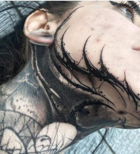 Neck Chin Tattoo, Neck And Jaw Tattoo, Blackwork Throat Tattoo, Jawline Tattoo Guys, Spiderweb Head Tattoo, Phoenix Throat Tattoo, Dark Ornamental Tattoo Neck, Tattoo On Jawline, Goth Face Tattoo