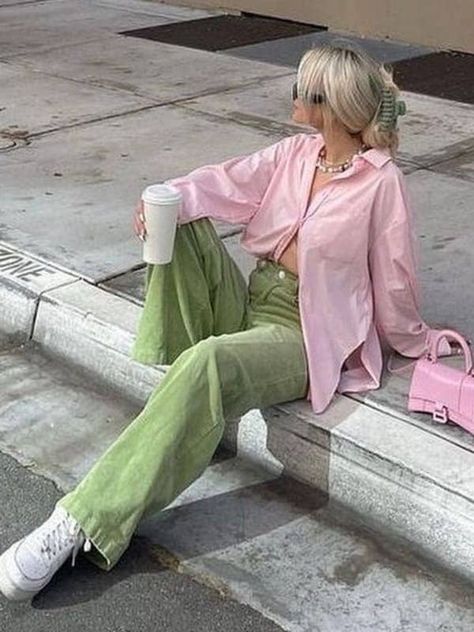 light pink button down shirt and green jeans White And Pastel Outfit, Green And Pick Outfits, Soft Pastel Outfit Aesthetic, Pastel Colours Outfit, Light Green And Pink Outfit, Green Pink Outfit Aesthetic, Alt Easter Outfit, Pastel Outfit Summer, Pastel Outfits Women