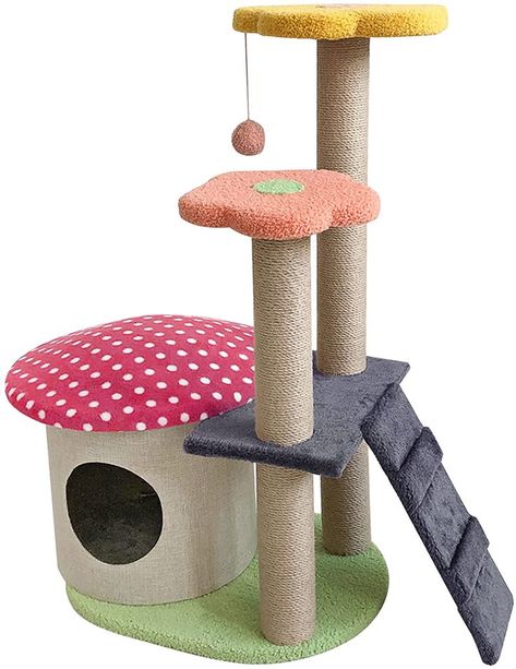 Cat Tree Aesthetic, Mushroom Cat Tree, Aesthetic Cat Tree, Cats Unique, Unique Cat Trees, Small Cat Tree, Cat Playhouse, Cat Castle, Tree Aesthetic