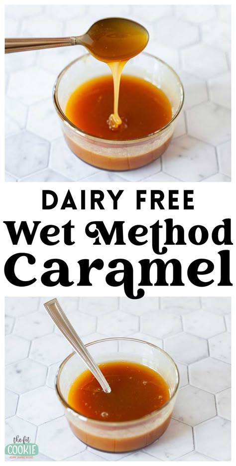 This delicious and perfectly colored dairy free caramel sauce is made using the traditional wet method for making caramel. Our wet method dairy free caramel is an intermediate method for caramel and makes great dairy free caramel for your favorite desserts! | thefitcookie.com #dairyfree Best Dairy Free Dinners, Oat Milk Caramel Sauce, Make It Dairy Free, Simple Dairy Free Recipes, Dairy Free Toffee Recipe, Dairy Free Milk Recipes, Dairy Free Gluten Free Thanksgiving, Non Dairy Snacks, Non Dairy Ice Cream Recipe