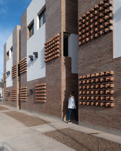 Housing for Argentinian teachers by Nomada and Eypaa Grey Brick Houses, Brick Apartments, Architectural Textures, Housing Architecture, Brick Projects, Brick Houses, Low Cost Housing, Brick Detail, Affordable Apartments