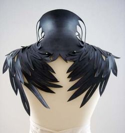 Black wings, black words.  A stylish collar to top off a LBD or silvery confection. Body Adornment, Black Wings, Fantasy Costumes, Neck Piece, Fantasy Clothing, Fantasy Fashion, Larp, Costume Design, 그림 그리기