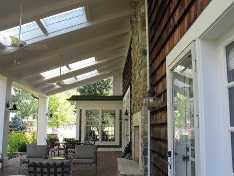 Covered Porch With Skylights, Porch With Skylights, Porch Roof With Skylights, Covered Patio With Skylights, Patio Skylight Ideas, Patio Cover With Skylights, Skylight Porch Roof, Covered Deck With Skylights, Gazebo With Skylight