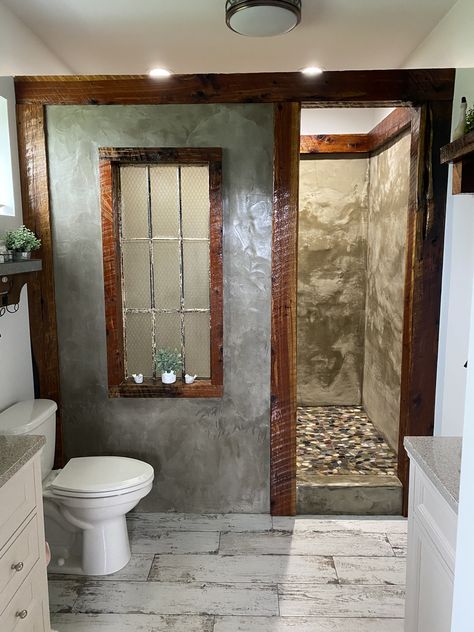 Master bathroom shower with reclaimed window and wood beams. Walkin Shower Ideas, Unique Shower Doors, Half Wall Shower, Rustic Bathroom Shower, 2024 Bathroom, Doorless Shower, House Upgrades, Cabin Bathroom, Bathroom Farmhouse