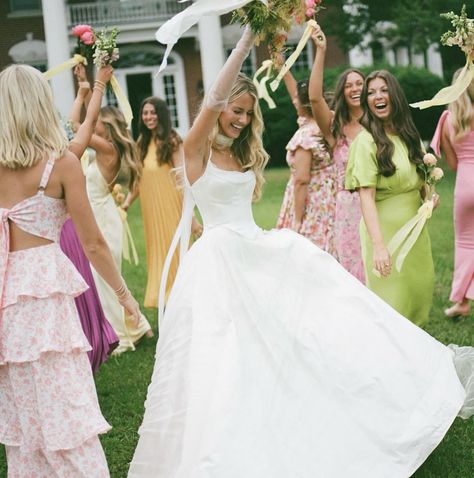 Southern Belle Wedding, Bridal Party Outfit, Yellow Bridesmaids, Pink Green Yellow, Pink Bridesmaid Dresses, Wedding Photo Inspo, Garden Party Wedding, Yellow Wedding, Wedding Goals