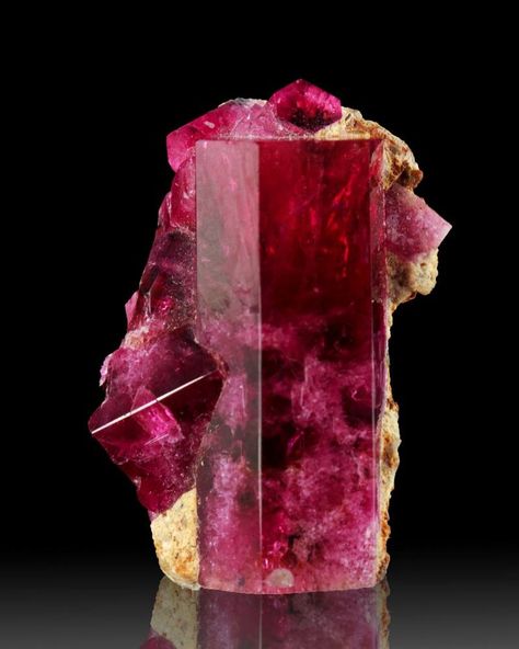 Here's a large, extremely sharply formed, double terminated crystal of gemmy red beryl (bixbite), with 4 small crystals growing out of it. from the world famous Ruby Violet Claim, in the Wah Wah Mountains in the East Thomas Range, Utah Red Beryl, Astral Projection, Pretty Rocks, Cool Rocks, Beautiful Rocks, Mineral Stone, Minerals And Gemstones, Rocks And Gems, Ruby Gemstone