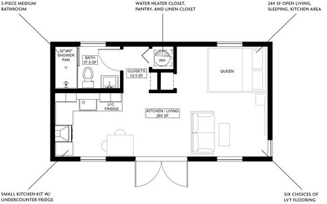 Model1 364 sf | Studio ADU 400 Sq Ft Adu, Small Adu Floor Plans, L Shaped Adu Plans, 400 Sf Adu, Studio Adu, Modern Prefab Adu, Fiberglass French Doors, Granny Pods, Spray Insulation