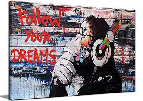 Framed Banksy Graffiti Canvas Wall Art Follow Your Dreams Monkey Poster With Headphones Prints Street Painting Picture Man Cave Wall Decor Pop Art for Living Room Bedroom Office 24" Wx36 H (60x90cm) Monkey Graffiti, Picture Man, Banksy Monkey, Monkey Wall Art, Graffiti Canvas Art, Pop Art Decor, Monkey Wall, Graffiti Canvas, Man Cave Wall Decor