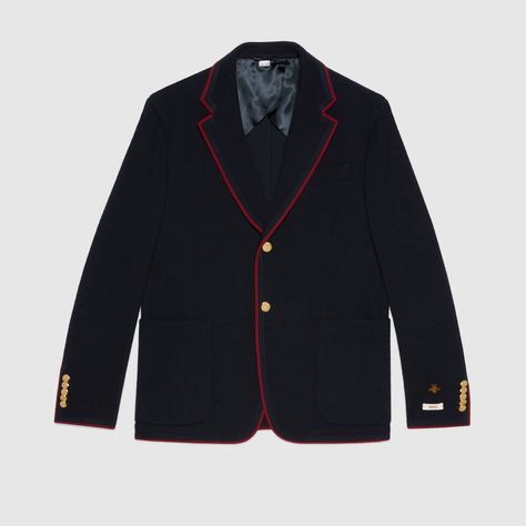 Shop the Wool cotton jersey jacket with patches in blue at GUCCI.COM. Enjoy Free Shipping and Complimentary Gift Wrapping. Formal Jackets For Men, Gucci Blazer, Gucci Menswear, Jacket With Patches, Mens Casual Suits, Designer Jackets For Men, Blazer Men, Gucci Jacket, Designer Jackets