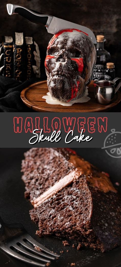 This creepy and frightfully delicious Skull Cake is easily made with store-bought boxed cake mix as the base, put together with a decadent chocolate buttercream filling and covered with a shiny coat of vanilla glaze. #lemonblossoms #cake #halloween #cakemix #easy #halloweentreatsweek #dessert #chocolate Skull Cake Recipe, Skull Cake Pan Recipe, Mummy Cake Ideas, Halloween Skull Cake Ideas, Chocolate Skull Cake, Spooky Cakes Scary Halloween, Wilton Skull Cake Pan Ideas, Creepy Halloween Cakes, Chocolate Halloween Cake